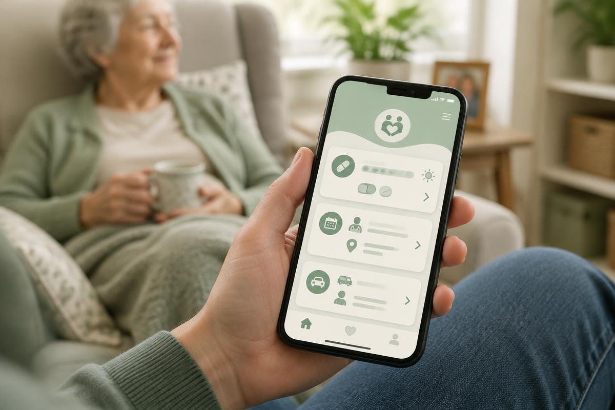 Care coordination app on a phone, with an older relative in the background