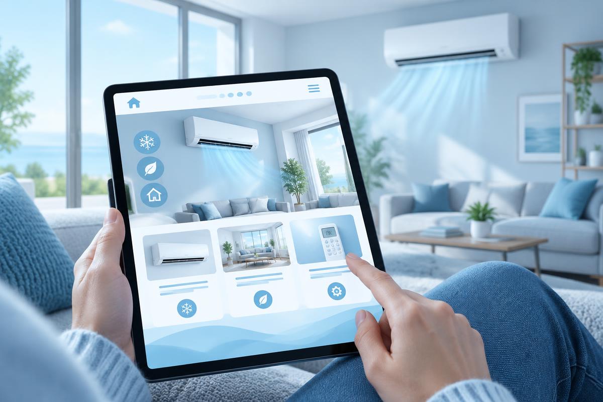 Home air conditioning advice site on a tablet in a bright living room