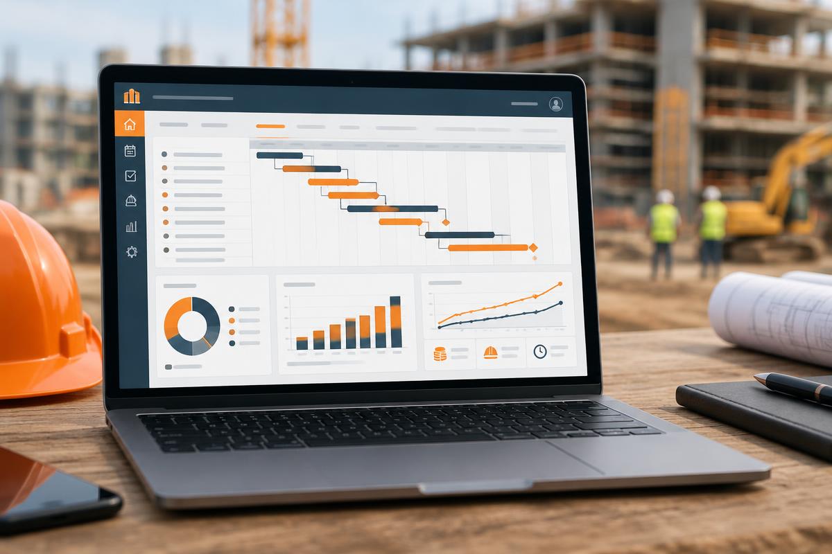 Construction management dashboard on a laptop at a building site