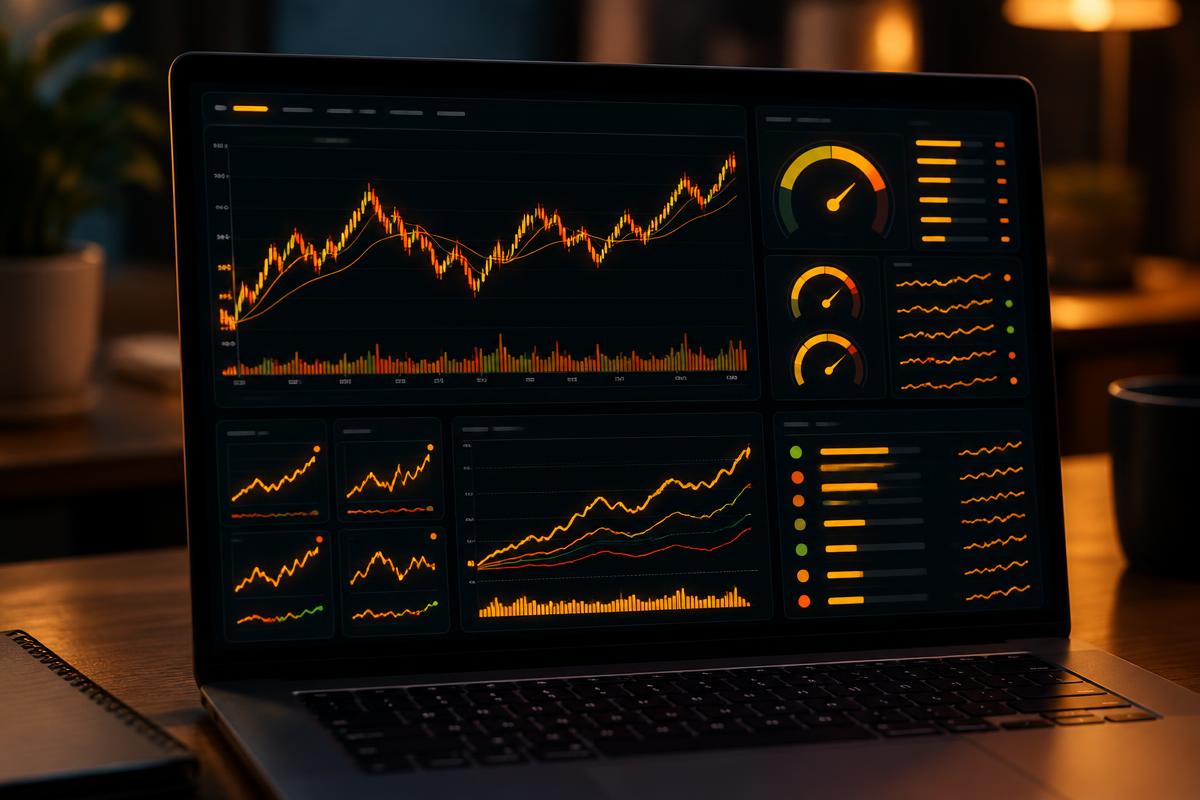 Market analysis dashboard with gauges on a laptop