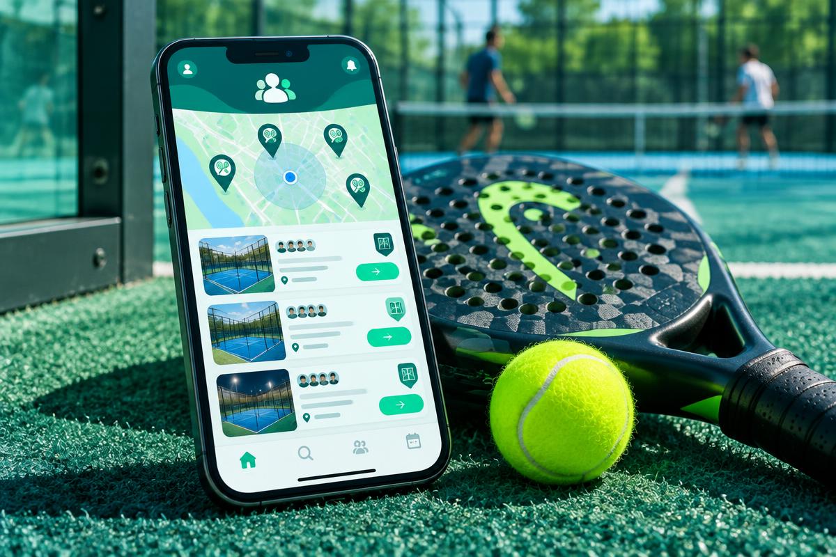 Padel court finder app on a phone next to a racket and ball