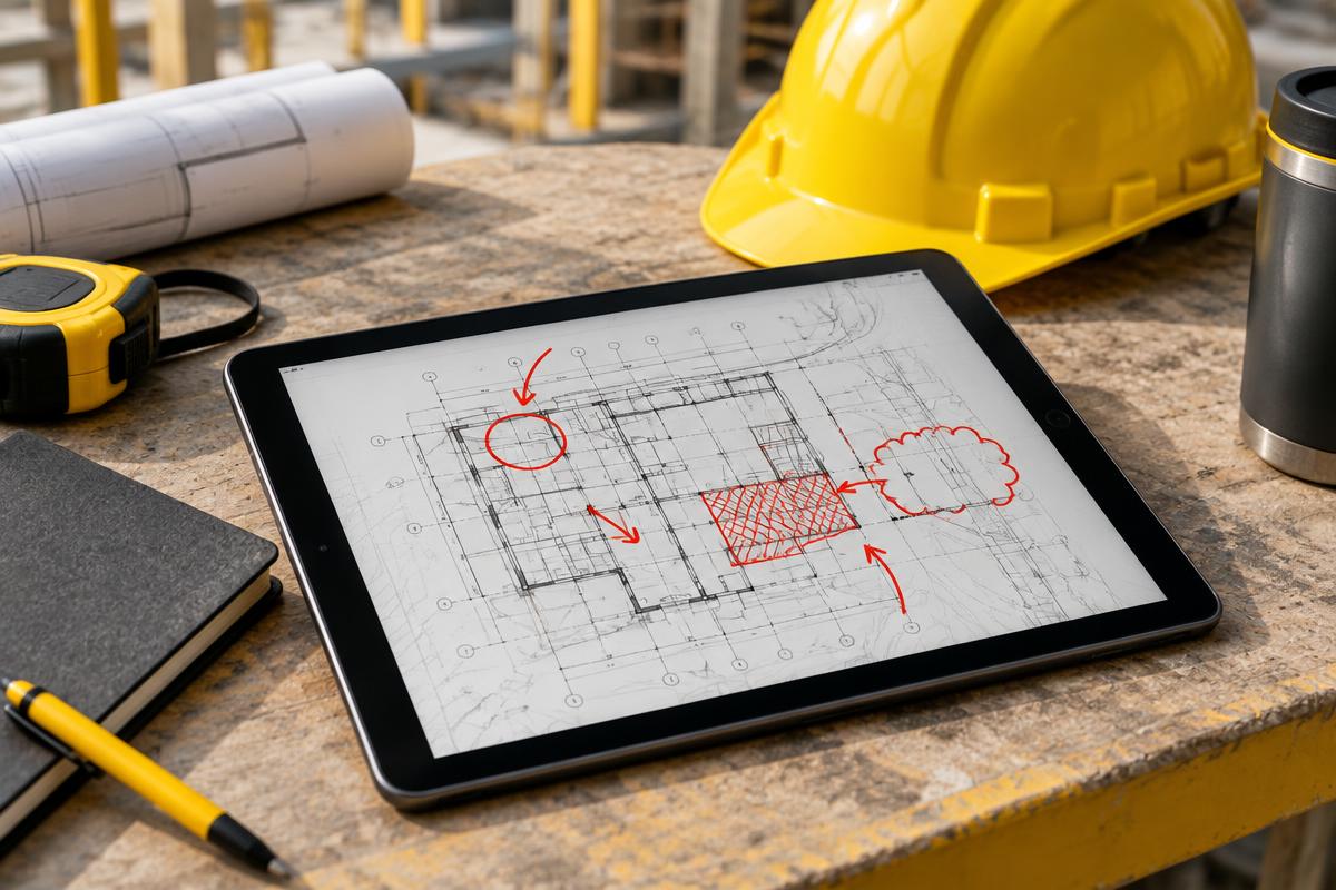 Tablet showing a marked up construction drawing on a site table
